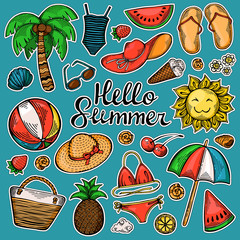 Hand drawn cute set of summer-themed stickers. A bright collection elements of the summer season - palm tree, swimsuit, hat, sun, fruits, shells and others. Hello summer