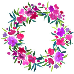 watercolor flowers and leaves in round floral wreath with a copy space