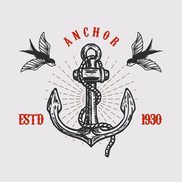 Illustration of vintage anchor with swallows in engraving style. Design element for logo, label, sign, poster, t shirt. Vector illustration