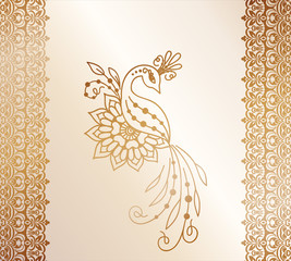Vector illustration of a Golden mehndi pattern, a set of floral and animal elements based on traditional Asian ornaments. Paisley Mehndi Tattoo collection Doodles