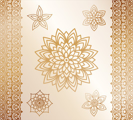 Vector illustration of a Golden mehndi pattern, a set of floral and animal elements based on traditional Asian ornaments. Paisley Mehndi Tattoo collection Doodles