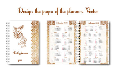 Set design of a notebook or diary page for use by a woman or a girl. With flower pattern, outline pattern, doodling. Glider for business and personal life. Daily planner, designer