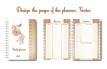 Set design of a notebook or diary page for use by a woman or a girl. With flower pattern, outline pattern, doodling. Glider for business and personal life. Daily planner, designer