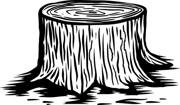 Illustration of wood stump in engraving style. Design element for emblem, sign, poster, card, banner, flyer. Vector illustration