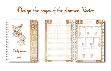 Set design of a notebook or diary page for use by a woman or a girl. With flower pattern, outline pattern, doodling. Glider for business and personal life. Daily planner, designer