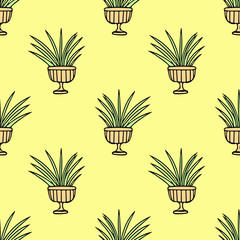 potted plant hand drawn seamless pattern on a yellow background. houseplant gardening