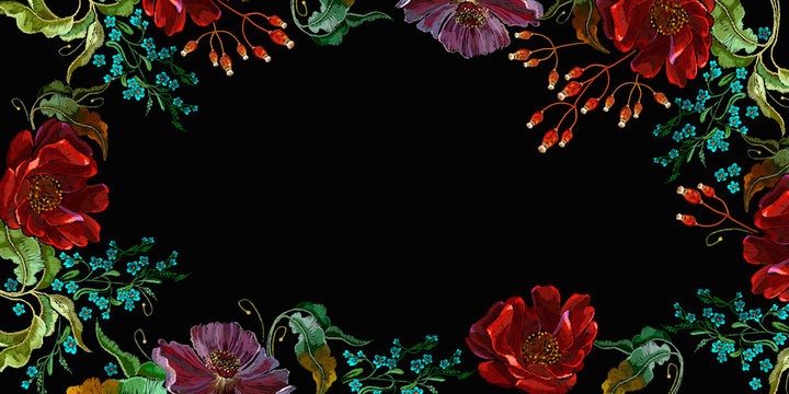 Red roses and violet flowers. Floral banner. Summer frame. Embroidery art. Fashion template for design
