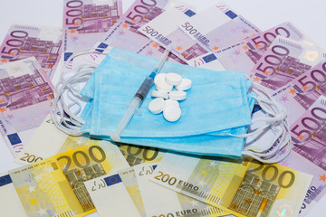 Tablets, protective mask, syringe and euro bills. Expensive medicine concept.