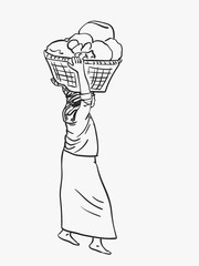Burmese woman in longyi is carrying big basket on her head, Vector sketch, Hand drawn linear illustration