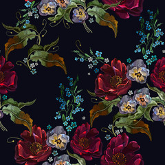 Embroidery red roses, violet flowers and meadow herbs, seamless pattern. Floral fashion template for clothes, textiles, t-shirt design