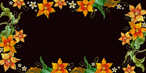 Embroidery narcissuses. Banner. Fashion template for design. Beautiful spring daffodils on black background
