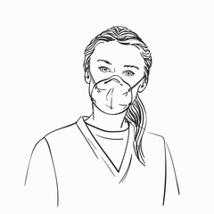 Sketch of woman wearing medical face mask, Hand drawn vector linear illustration