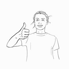 Sketch of smiling woman showing thumb up gesture, Hand drawn vector linear illustration