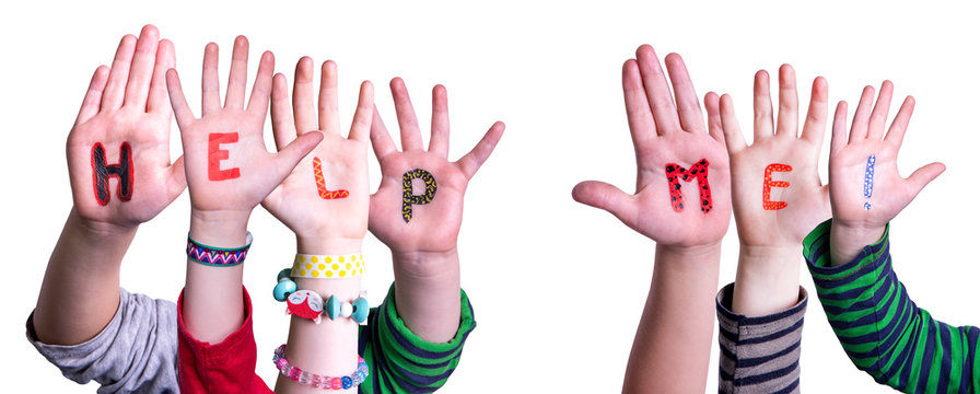 Children Hands Building Colorful Word Help Me. White Isolated Background