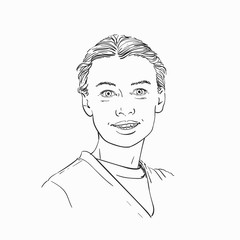 Smiling woman portrait with combed hair, Vector sketch, Hand drawn illustration