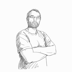 Man with arms crossed over his chest wearing glasses and beard hand drawn isolated, Vector sketch Hand drawn illustration with cross hatched shades