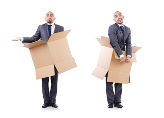 Businessman with box isolated on the white