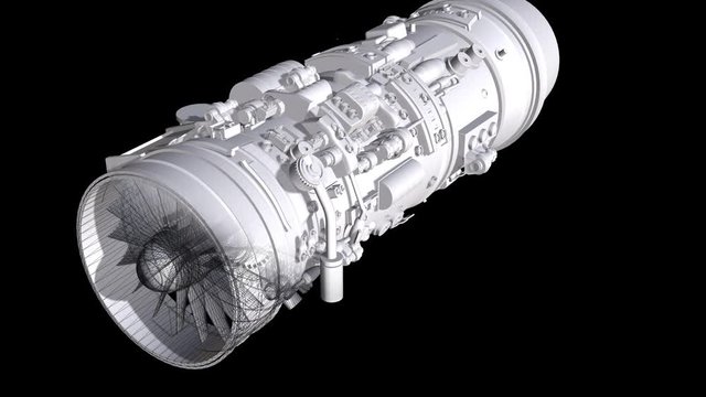 animation of wire frame Airplane Engine Motor With Blades Close-Up.