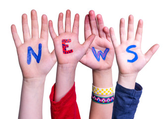 Children Hands Building Colorful English Word News. White Isolated Background
