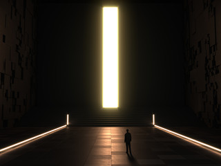Glowing big light portal - exit from dark concept. 3d rendering mock up, template. - obrazy, fototapety, plakaty