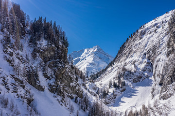Fototapeta na wymiar Alps mountain peak beetween two mountains full of snow and spruces