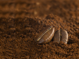 Brown roasted coffee beans, seed on dark background. Espresso dark, aroma, black caffeine drink. Closeup energy mocha, cappuccino ingredient