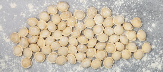 Fresh raw homemade handmade pelmeni (dumplings) with minced meat or fish. Home food concept. Selective focus, top view