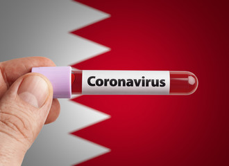 Scientist holding Coronavirus infected blood in test tube in front of Bahrain flag. Pandemic COVID-19 infection in countries in world concept.