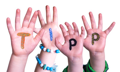 Children Hands Building Colorful German Word Tipp Means Tip. White Isolated Background