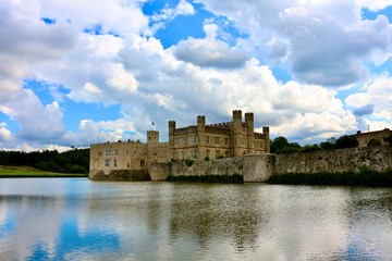 Leeds Castle, England. It is built on islands in a lake formed by the River Len to the east of the village of Leeds.