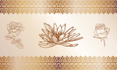 Vector illustration of a Golden mehndi pattern, rose, lily, a set of floral elements based on traditional Asian ornaments and the outline of flowers. Paisley mehndi tattoo doodles collection