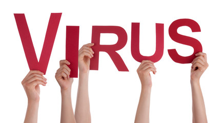 People Hands Holding Red English Word Virus. White Isolated Background