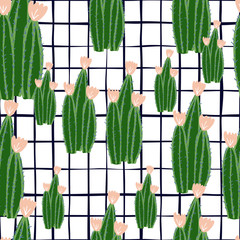 Doodle botanical exotic background. Blossom cactus seamless pattern.