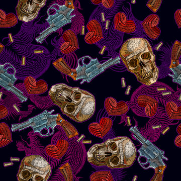 Embroidery skulls, hearts and guns seamless pattern. Design of clothes, t-shirt design. Wild west embroidery old revolvers, red hearts and human skulls, gangster gothic fashion background