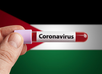 Scientist holding Coronavirus infected blood in test tube in front of Jordan flag. Pandemic COVID-19 infection in countries in world concept.