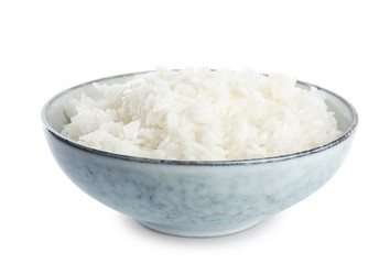 Bowl with cooked rice isolated on white