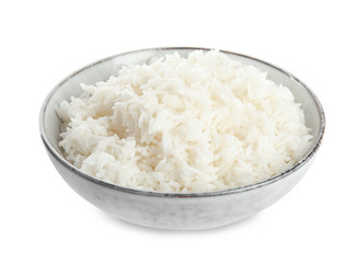 Bowl with cooked rice isolated on white