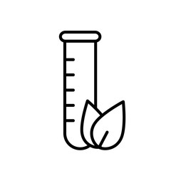 Test tube with leaves in foreground. Linear logo of eco lab. Black simple illustration of medical analysis for vegan, biotechnology. Contour isolated vector icon on white background