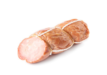 Tasty cut sausage on white background. Meat product
