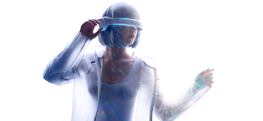 Beautiful woman with purple hair in futuristic costume over white background. Girl in glasses of virtual reality. Augmented reality, game, future technology, AI concept. VR. Blue neon light. - obrazy, fototapety, plakaty