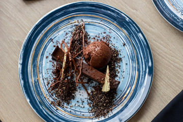 Beautifully designed chocolate dessert in the restaurant.