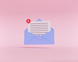 Envelope with letter isolated on pastel pink background. newsletter, Email, message notification concept. modern minimal trendy icon design. 3d rendering