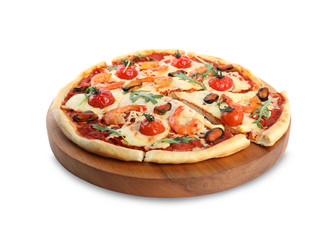 Hot delicious seafood pizza isolated on white