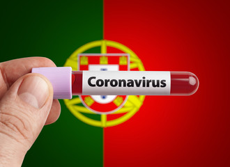 Scientist holding Coronavirus infected blood in test tube in front of Portugal flag. Pandemic COVID-19 infection in countries in world concept.