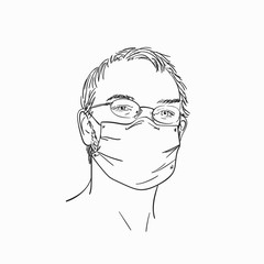 Man wearing medical face mask and eyeglasses, Hand drawn linear portrait, Vector sketch