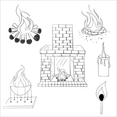 Set bonfire fenced with stones, fire on wood, fireplace, match, barbecue, candle. Sketch. Vector illustration hand drawing.