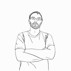 Man with arms crossed over his chest wearing glasses and beard hand drawn isolated, Vector sketch Hand drawn linear illustration