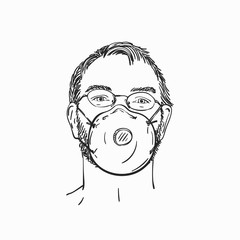 Man wearing medical face mask and eyeglasses, Hand drawn linear portrait, Vector sketch