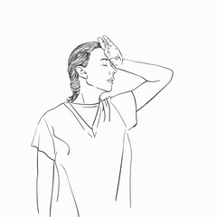 Young woman holding hand on her forehead, Vector sketch, Hand drawn illustration