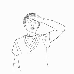 Young woman holding hand on her forehead, Vector sketch, Hand drawn illustration